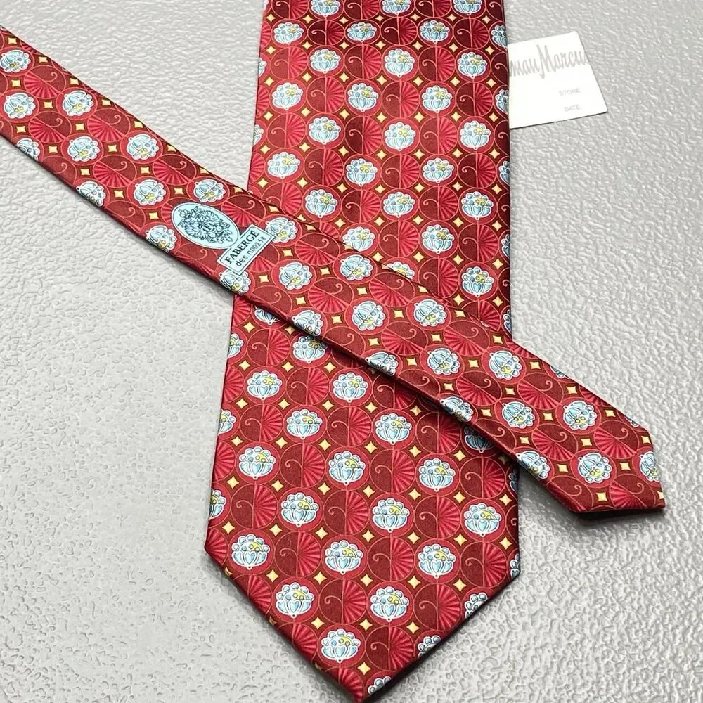 Faberge Silk Tie Vintage Neiman Marcus Floral Fan USA XL X-Long Red Blue NWT